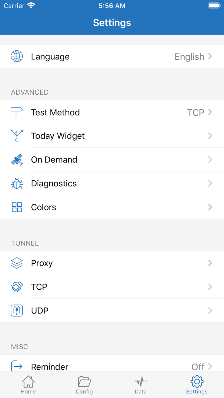 Shadowrocket의 Settings 화면: Language, Test Method, Today Widget, On Demand, Diagnostics, Proxy, TCP 및 UDP 설정 메뉴 표시