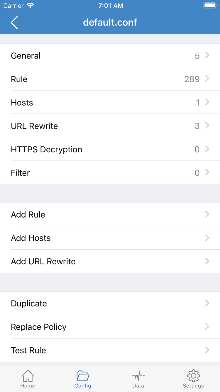 Shadowrocket의 Config 편집 화면: General, Rule, Hosts, URL Rewrite, HTTPS Decryption 및 Add Rule 표시